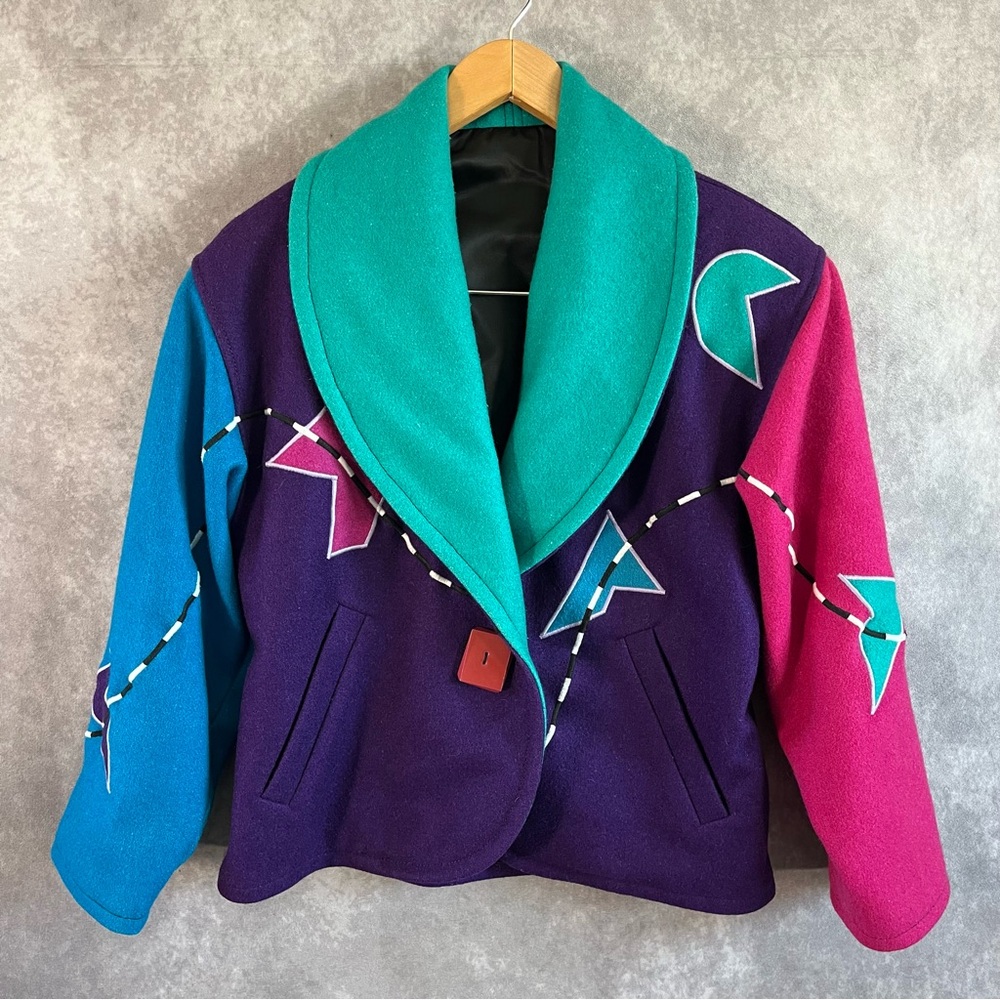 Vintage Cindy Owings Design Jacket Womens XS‎ Moose Multicolor Wool Heavy Trench